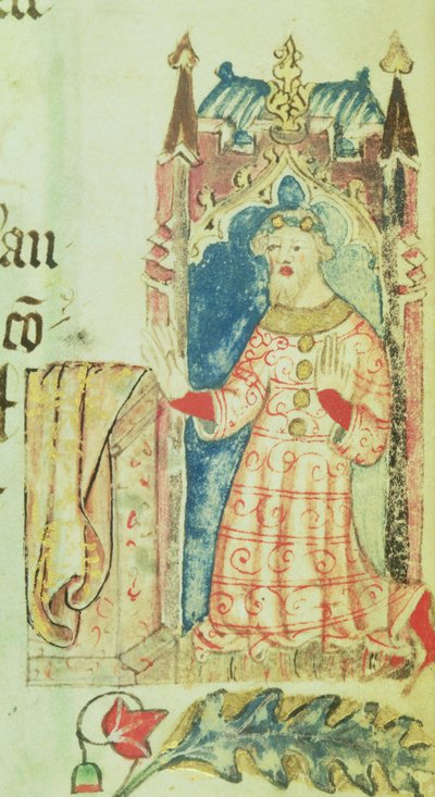 Cott Nero D VII f.7 Retrato de John of Gaunt, duque de Lancaster, del Libro de los Benefactores de la Abadía de St. Alban, c.1380 (vitela) de English School