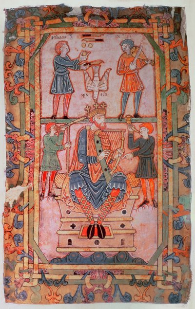 Cott Tib C VI f.30v David tocando su arpa, del Tiberius Psalter, Winchester, c.1050 (vitela) de English School