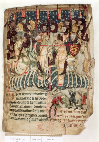 Cott Vitt A XIII f.3v Guillermo matando a Harold en la batalla de Hastings, de los "Decretos de los reyes de la Inglaterra anglosajona y normanda" (vitela) de English School