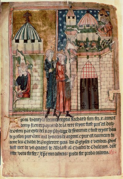 Cott Vitt A XIII f.5 Dos escenas de la vida de Ricardo I, de "Decretos de los reyes de la Inglaterra anglosajona y normanda" (vitela) de English School