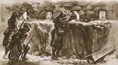 Cortinas de ventana de cabaña como pantallas de bucle de trinchera: un recurso francés para burlar al francotirador enemigo, de The Illustrated War News, 1915 de English School