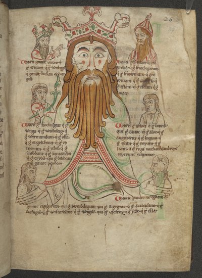 Algodón Calígula A. VIII, f.29 Dibujo de Woden rodeado de sus descendientes; en un tratado sobre la Heptarquía, c.1153-66 (vitela) de English School