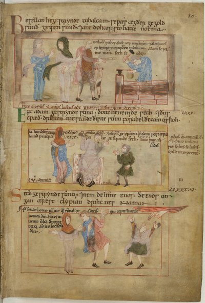 Algodón Claudio B IV fol.10 Lamec y sus dos esposas y su hijo, Tubalcaín, el herrero, trabajando (vitela) de English School