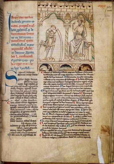 Cotton Claudius B. VII, f.224 El niño Merlín profetizando ante el rey Vortigern, ilustración de 