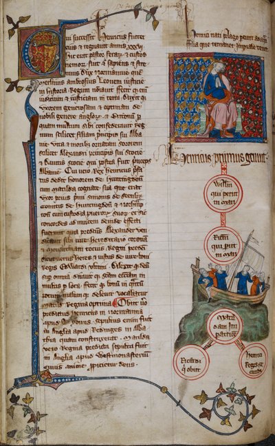 Algodón Claudio D. II, f.45v Enrique I y sus descendientes (vitela) de English School