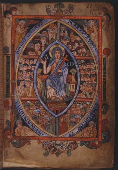 Algodón Galba A. XVIII, f.21 Cristo entronizado con coros de mártires, confesores y vírgenes de English School