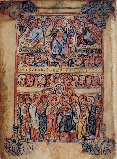 Cotton Galba A. XVIII, f.2v Cristo en Majestad rodeado de implementos de la Pasión, y coros de ángeles y profetas, ilustración del 