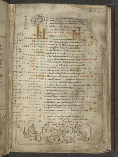 Algodón Julio A. VI, f.5, Página del calendario de mayo: Pastores y rebaño (vitela) de English School