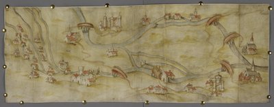 Cotton MS Augustus I i 65 Mapa del río Trent y sus afluentes entre Nottingham y Newark, c.1540 (pluma y tinta con acuarela sobre papel) de English School