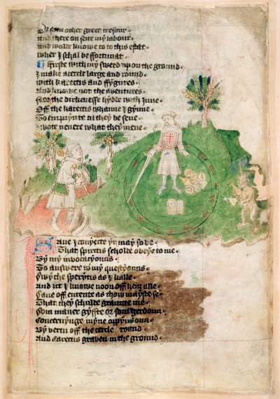 Algodón Ms Tiberius A vii fol.44 Demonios trayendo tesoros a un mago (vitela) de English School