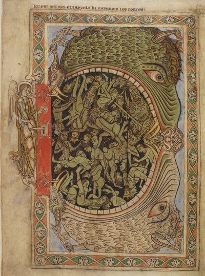 Algodón Nerón C IV f.39 Las fauces del infierno sujetas por un ángel, del Salterio de Enrique de Blois, c.1121-61 (vitela) de English School