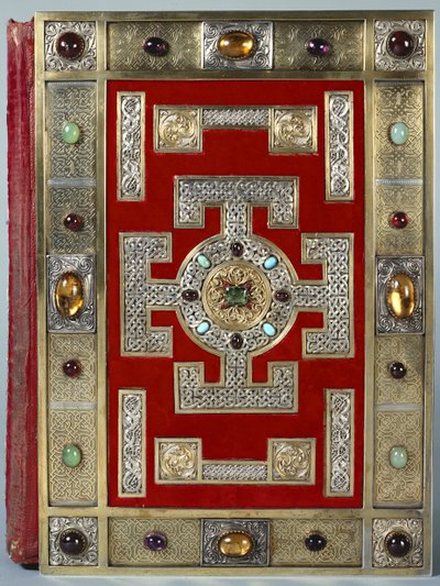 Algodón Nero D.IV Encuadernación de los Evangelios de Lindisfarne, reencuadernado en 1853 (cuero con oro y piedras semipreciosas) de English School