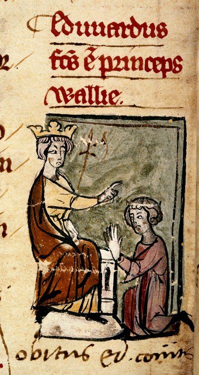Cotton Nero D. II, f.191v Eduardo de Caernarvon (Eduardo II) creó Príncipe de Gales y Conde de Chester por su padre, el rey Eduardo I, en el parlamento de Lincoln, el 7 de febrero de 1301, de la 
