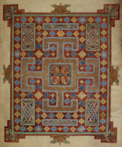 Cotton Nero D. IV, f.138v Página de alfombra que presenta el Evangelio de San Lucas, de los Evangelios de Lindisfarne, 710-21 (vitela) de English School