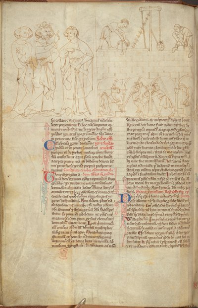 Cotton Nero D. I f.23v La construcción de la torre de Clifford en St Albans, de 