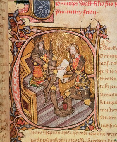 Cotton Nero D VI fol.31 Eduardo III otorgando al Príncipe Negro el principado de Aquitania de English School