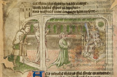Algodón Tiberio A. VII, f.65v, La casa de la idolatría, con el peregrino entrando y un hombre adorando un ídolo coronado (vitela) de English School