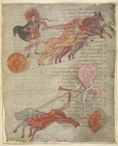 Cotton Tiberius B.V, Part 1, f.47 Chariots of the Sun and Moon, ilustración de 