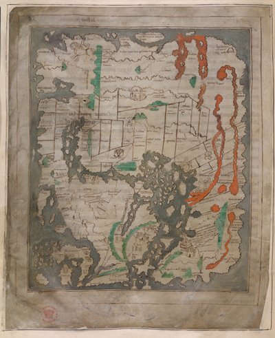 Cotton Tiberius B.V, Parte 1, f.56v El mapa de Tiberio, Mappa Mundi (vitela) de English School