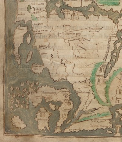 Cotton Tiberius B.V, Part 1, f.56v The Tiberius Map, Mappa Mundi, detalle de Europa Occidental y las Islas Británicas (vitela) de English School