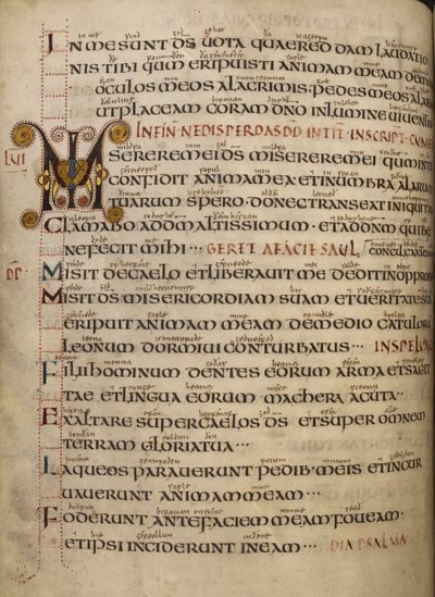 Algodón Vespasiano A. I, f.55v Salmo 56 con brillo en inglés antiguo y MI inicial decorada de English School