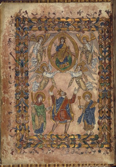 Cotton Vespasian A. VIII, f.2v Edgar ofrece estatuto a Cristo, ilustración de 