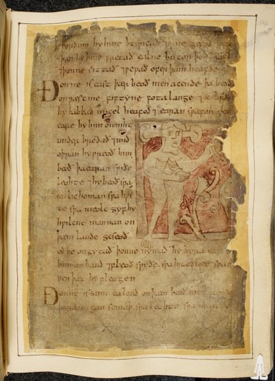 Cotton Vitellius A. XV f.104r, A panotii, es decir, un hombre con orejas que se proyectan sobre tallos, sosteniendo un objeto que parece un arco, ilustración de Beowulf, del 