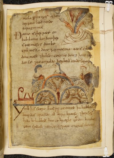 Cotton Vitellius A. XV f.105, una vid dorada; tres personas hablando, representando a una nación bondadosa que gobierna el Mar Rojo, donde se encuentran las mejores perlas, ilustración de Beowulf, del 