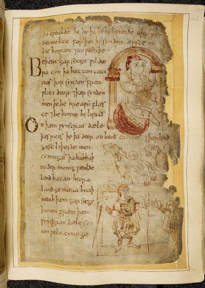 Cotton Vitellius A. XV f.106r, Un hombre sentado en un cojín bajo un arco; dos catini, bestias con la boca abierta como perros; un hombre vestido con un bastón, extendiendo su mano a otro hombre, ilustración de Beowulf, del 