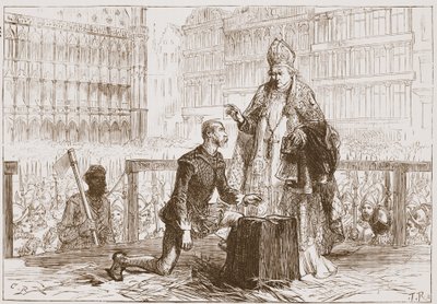 El Conde Egmont en el patíbulo antes de su ejecución, ilustración de "La historia del protestantismo" de James Aitken Wylie (1808-1890), pub. 1878 (grabado) de English School