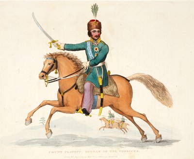 Conde Platoff, Hetman de los Cosacos, ilustración de Un Relato Histórico de la Batalla de Waterloo por William Mudford, 1816 de English School