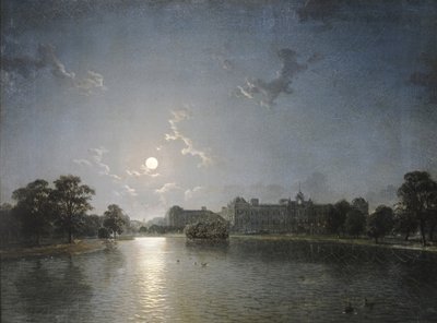 Casa de campo al otro lado de un lago a la luz de la luna, c.1850 de English School