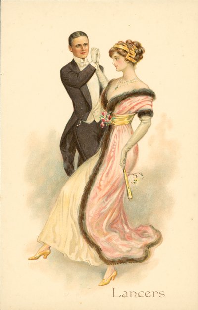 Pareja bailando los Lanceros (cromolito) de English School