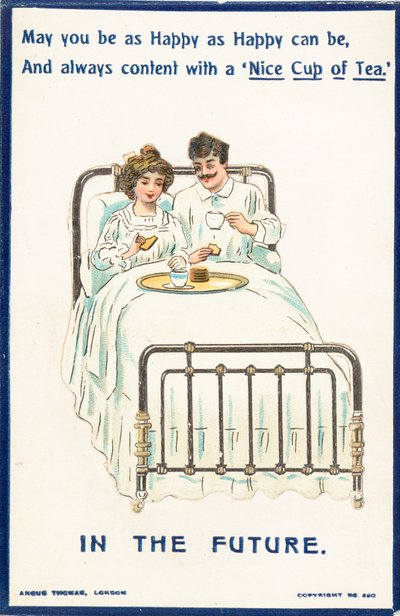 Pareja bebiendo té en la cama, tarjeta de English School