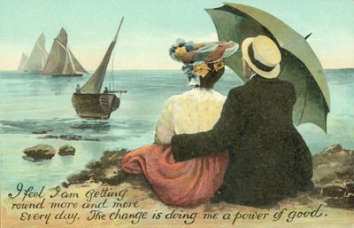 Pareja abrazada en la playa (litografía en color) de English School