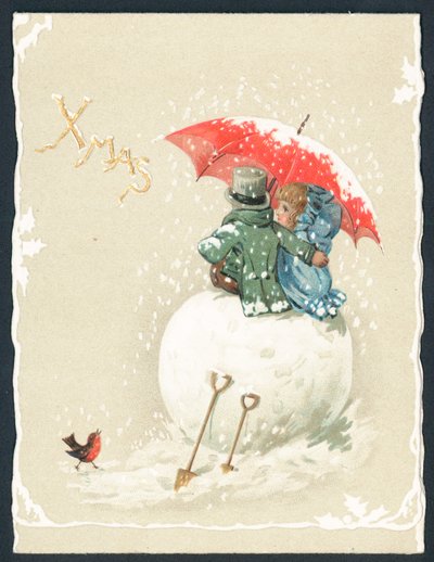 Pareja sentada en una bola de nieve gigante, tarjeta de Navidad de English School