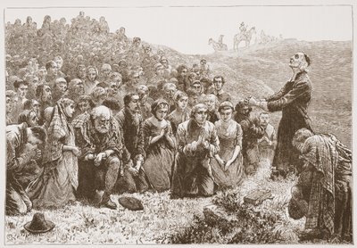 Covenanters adorando junto a las orillas del Whitadder, ilustración de La Historia del Protestantismo de James Aitken Wylie, pub. 1878 de English School
