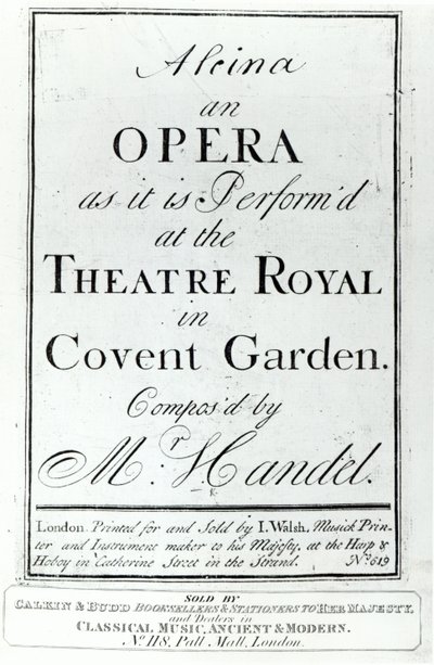Portada de la partitura de Alcina, una ópera de Handel, publicada en 1735 de English School