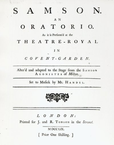 Portada de la partitura de Samson, un oratorio de Handel, publicada en 1759 de English School