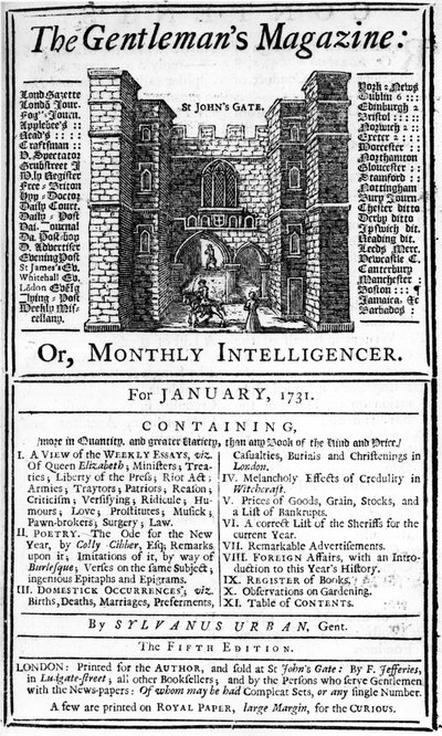 Portada de la primera edición de The Gentlemans Magazine, publicado en enero de 1731 de English School