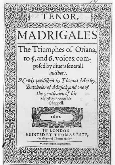 Portada de la parte de Tenor de Los Triunfos de Oriana, publicado por Thomas Este, 1601 de English School