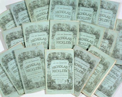 Portadas de las ediciones mensuales de La vida y aventuras de Nicholas Nickleby de Charles Dickens, publicadas en 1839 de English School