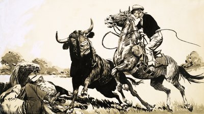 Vaqueros en el interior de Australia tratando de atrapar un toro de English School