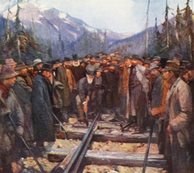Craigellachie, clavando la última estaca del Canadian Pacific Railway (litografía en color) de English School