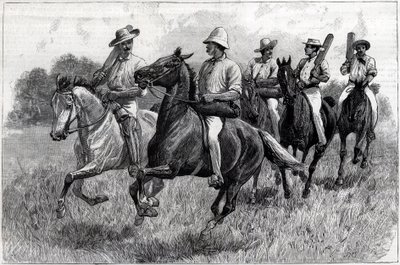 Críquet en Australia, un equipo yendo al campo para jugar un partido. Ilustración para The Graphic de English School