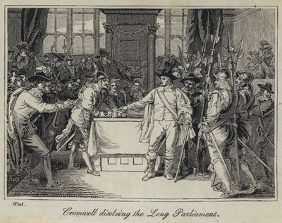 Cromwell disolviendo el Parlamento Largo (grabado) de English School