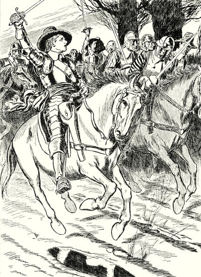 Cromwell conduce a sus soldados a la batalla (litografía) de English School