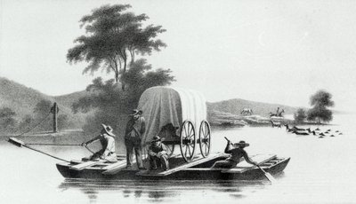 Cruce del Platte en la Boca del Deer Creek, de la Exploración y Encuesta del Valle del Gran Lago Salado de Utah por Howard Stansbury, publicado en 1852 de English School