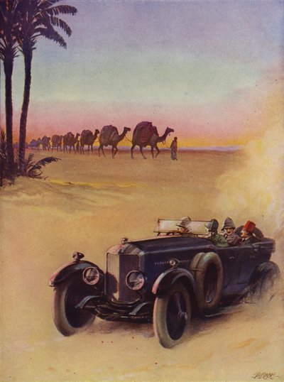 Cruzando el desierto en tren de camellos y en automóvil (litografia en color) de English School