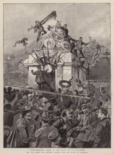 Multitudes arrancando emblemas de luto de la estatua de Estrasburgo en la Place de la Concorde, París de English School